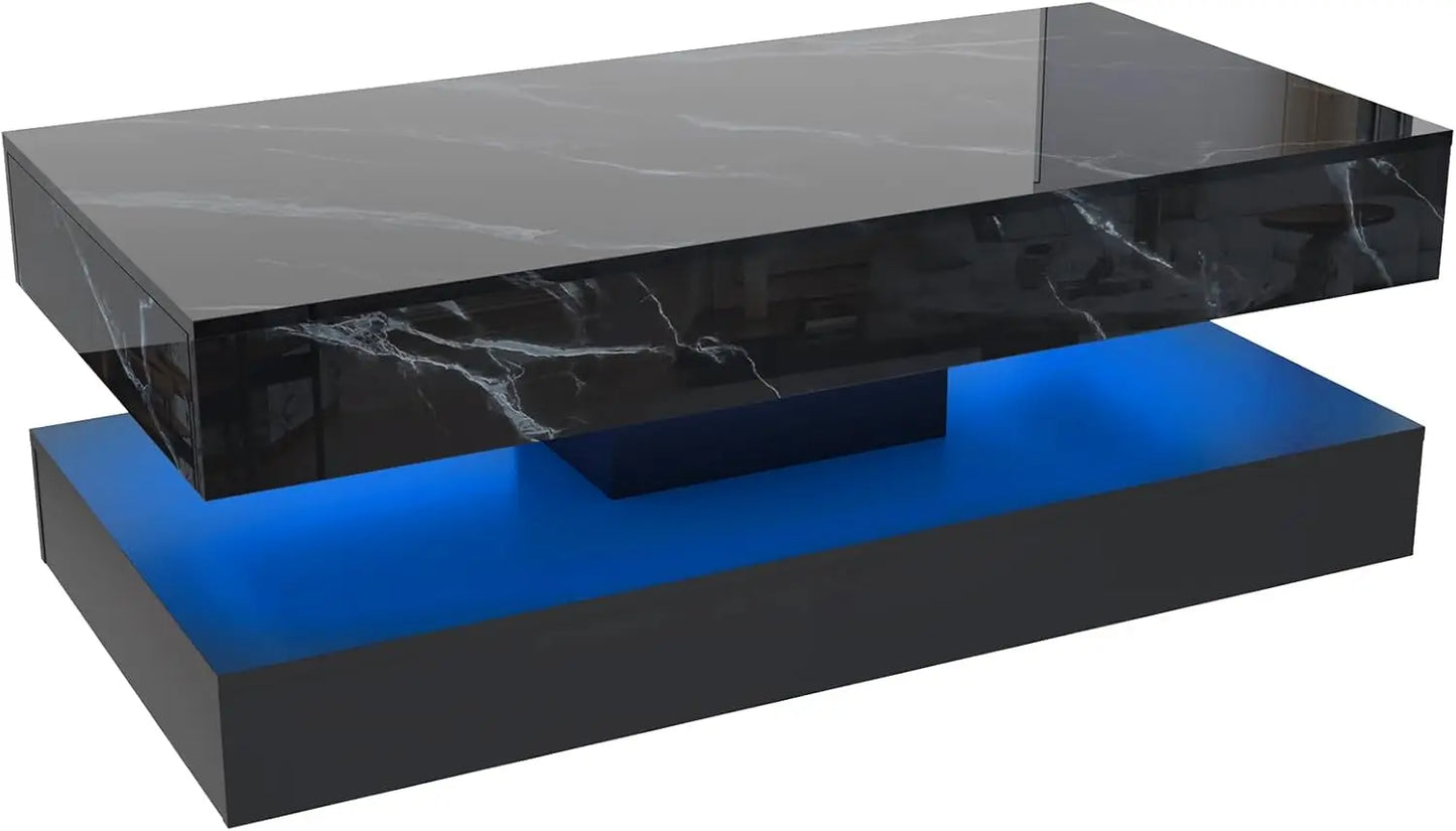 QiaoShiRen Modern Coffee Table With LED Lights And Dual Drawers