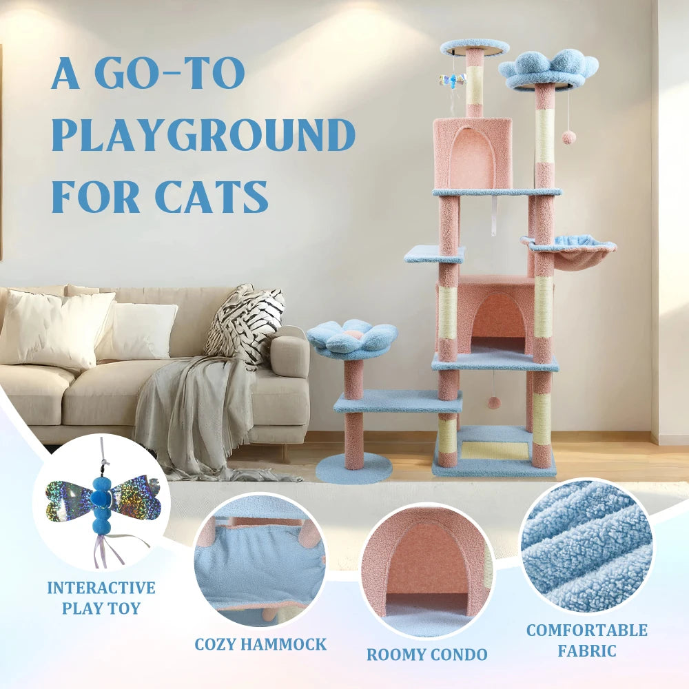 71 Inch Flower Cat Tree, Multi Level Cat Tower Indoor Cats with Large Condo, Removable Flower Cushion, Soft Hammock Pet Products