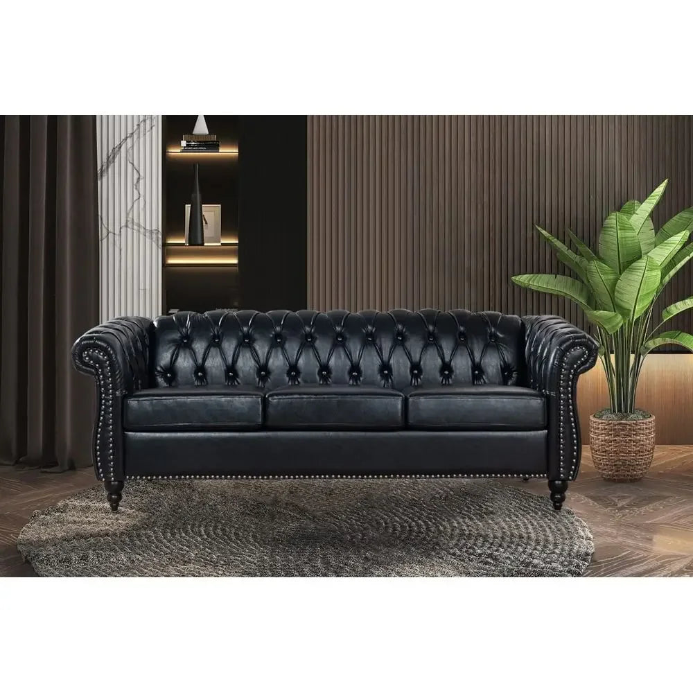 Chesterfield Leather Sofa for Living Room, Comfy DeepSeated 3Seater Sofa for Bedroom, Office, or Apartment. Luxury Classic Sofa