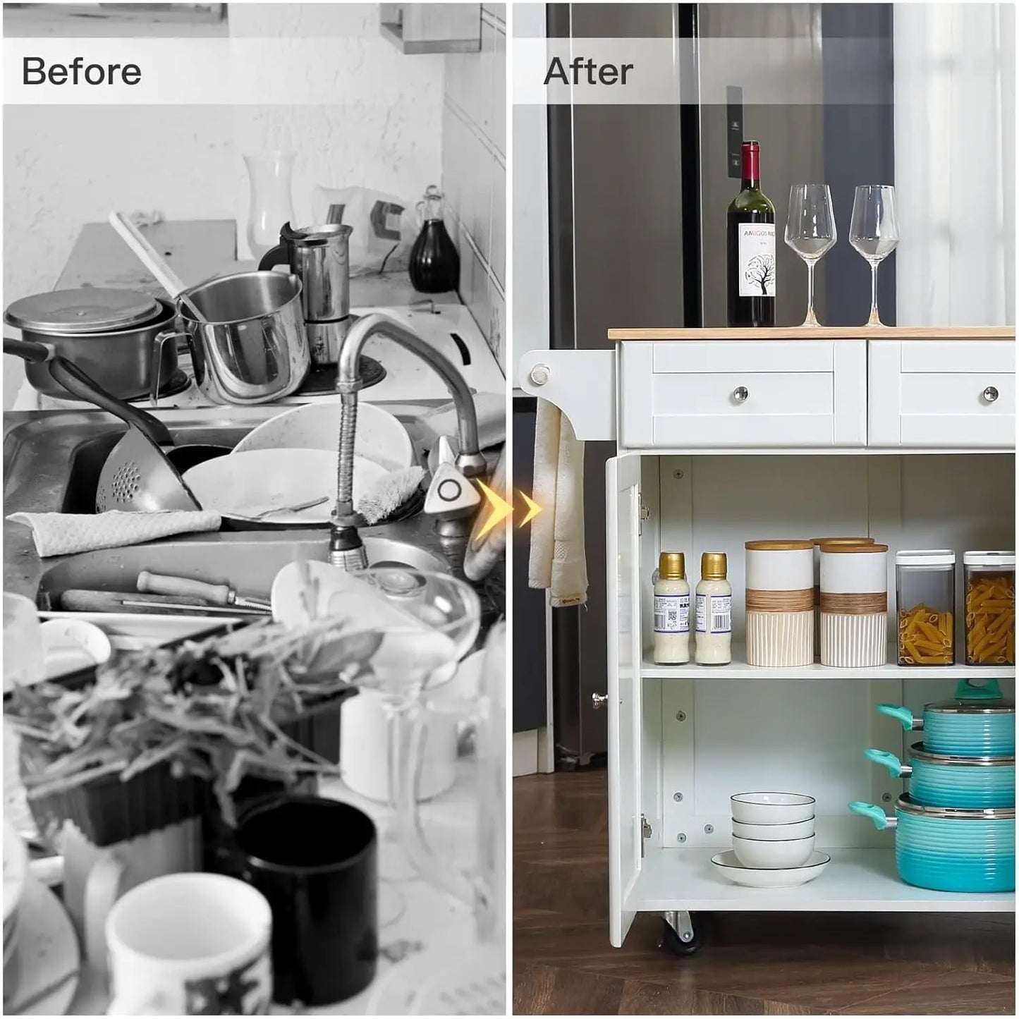 52" Mobile Kitchen Island with Drop Leaf, Rubberwood Top, Spice Rack, Adjustable Shelves, 5 Drawers, Rolling Cart, White, Custom