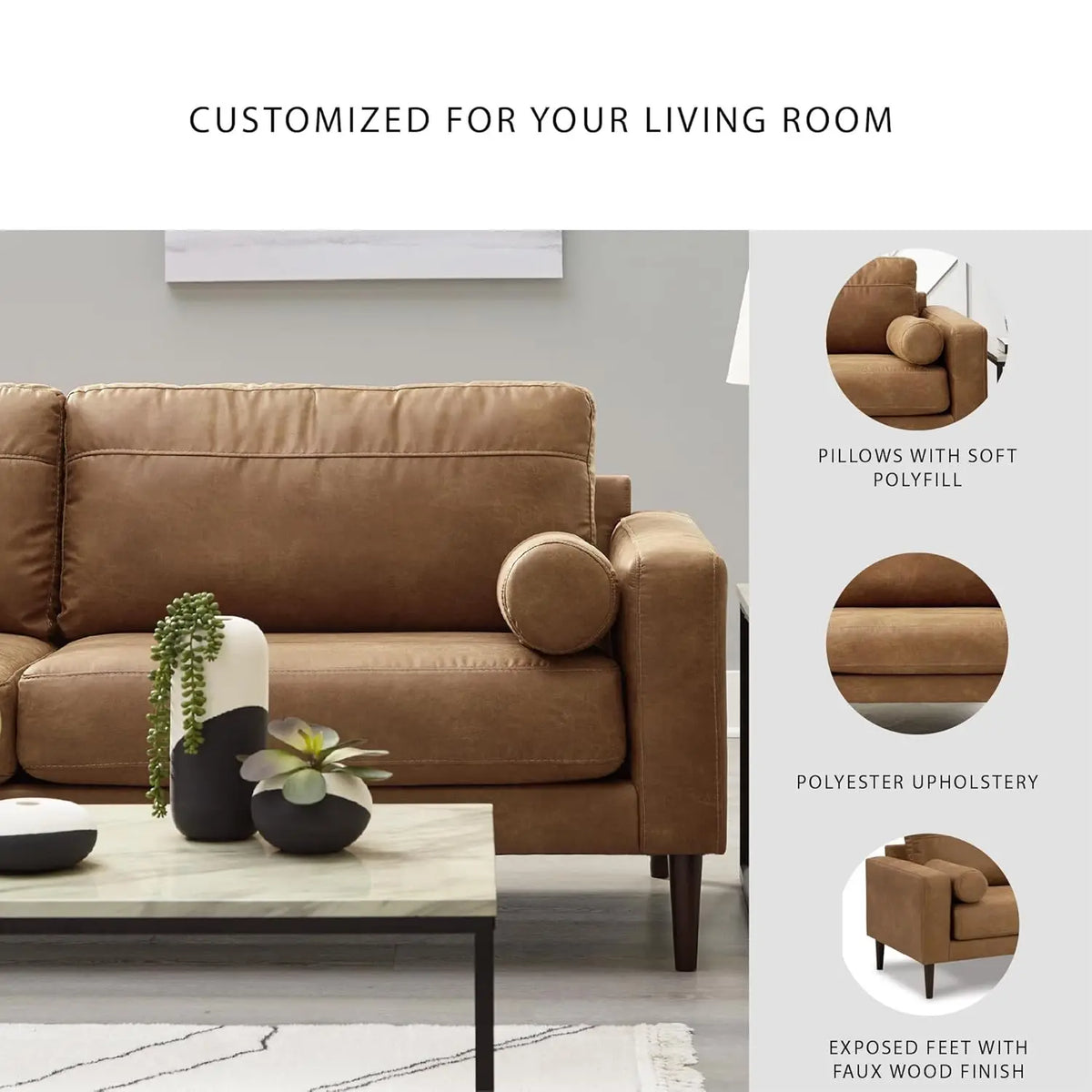 Faux Leather Sofa with Bolster Pillows Loose Cushions Faux Wood Accent Legs 85"x35"x35" Dark Brown Customized