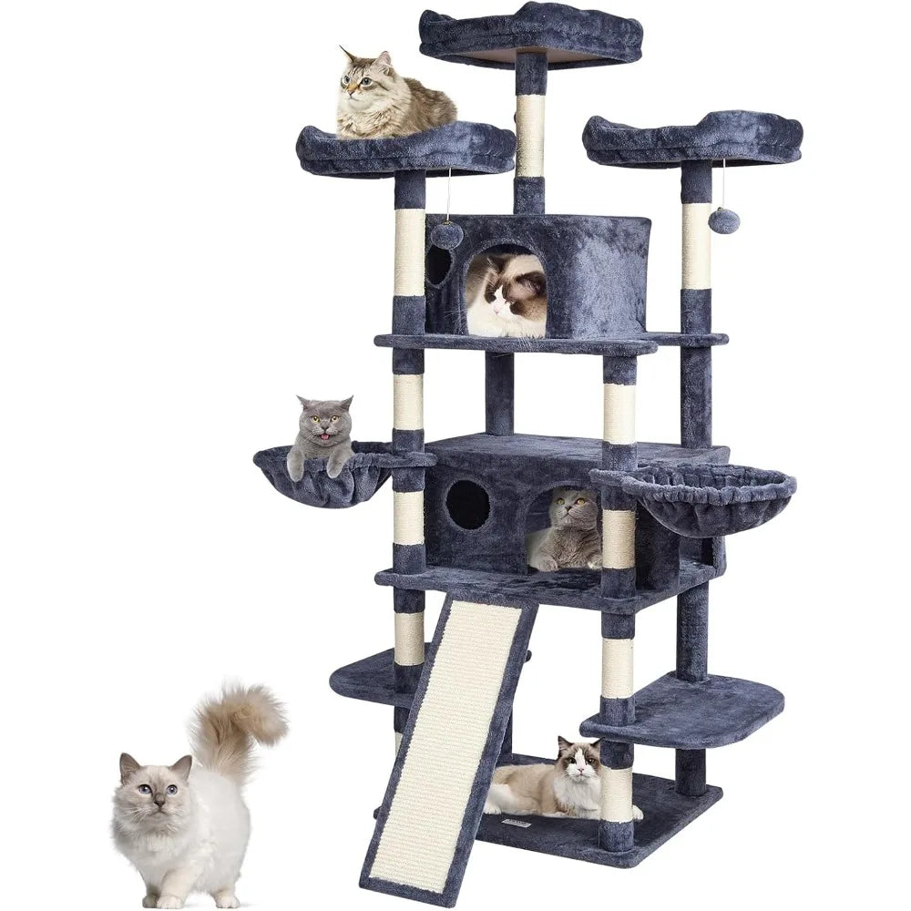 Indoor Cat Tree With Double Condos, Hammocks, And Scratching Posts