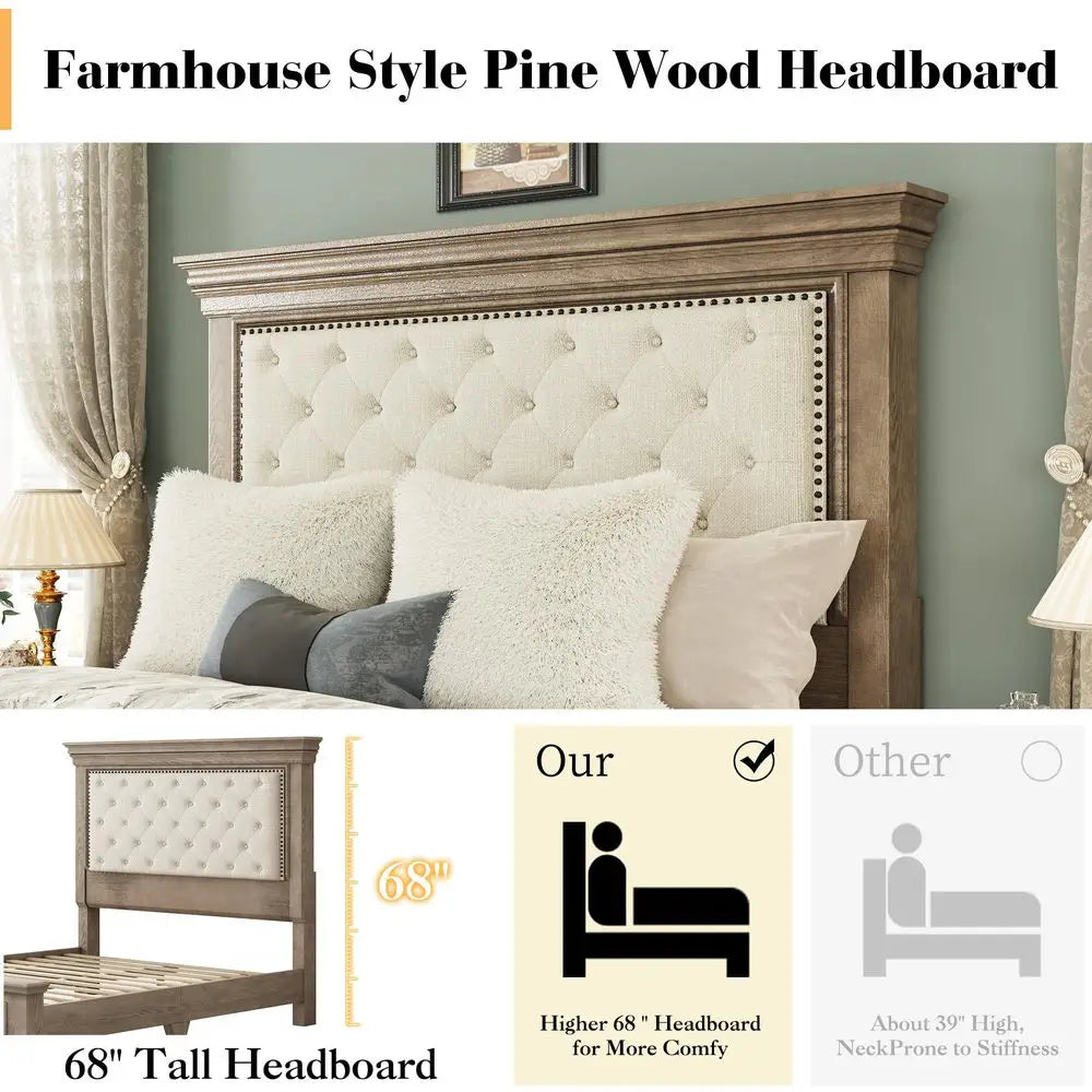 Solid Pine Wood Queen Bed Frame with 69 High Upholstered Headboard, Transitional Style Platform Bed, No Box Spring Needed amp E