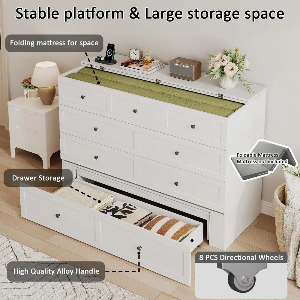 Full Size Murphy Bed with Charging Station amp Drawer, Full Size Mobile Cabinet Bed Frame, Murphy Chest Bed for Bedroom, Guest
