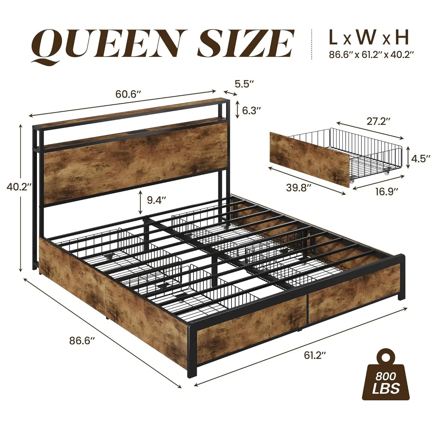 Queen Bed Frame Storage Headboard Metal Platform 4 Drawers Charging Station LED Noise-Free No Box Spring Rustic Brown, Customize