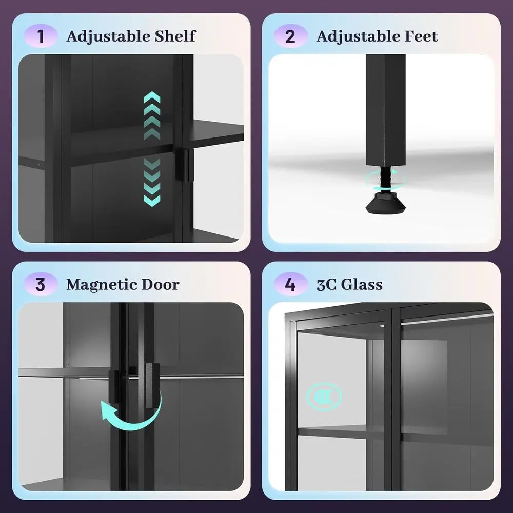 71 High Glass Display Cabinet with LED Sensor Lights, Adjustable Shelves for Living Room, Bedroom, or Kitchen