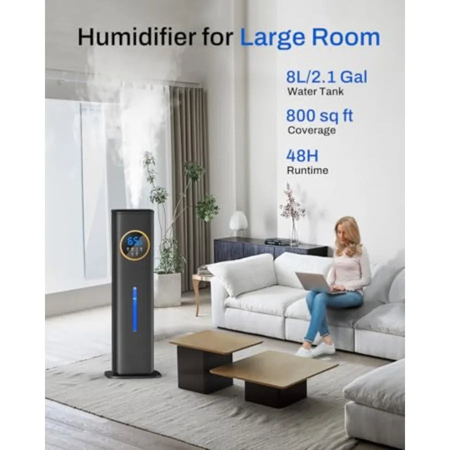 Large room bedroom humidifier with night light, 2.1Gal 8L top-fill cool mist humidifier for home, plants, baby, kids, adults; b