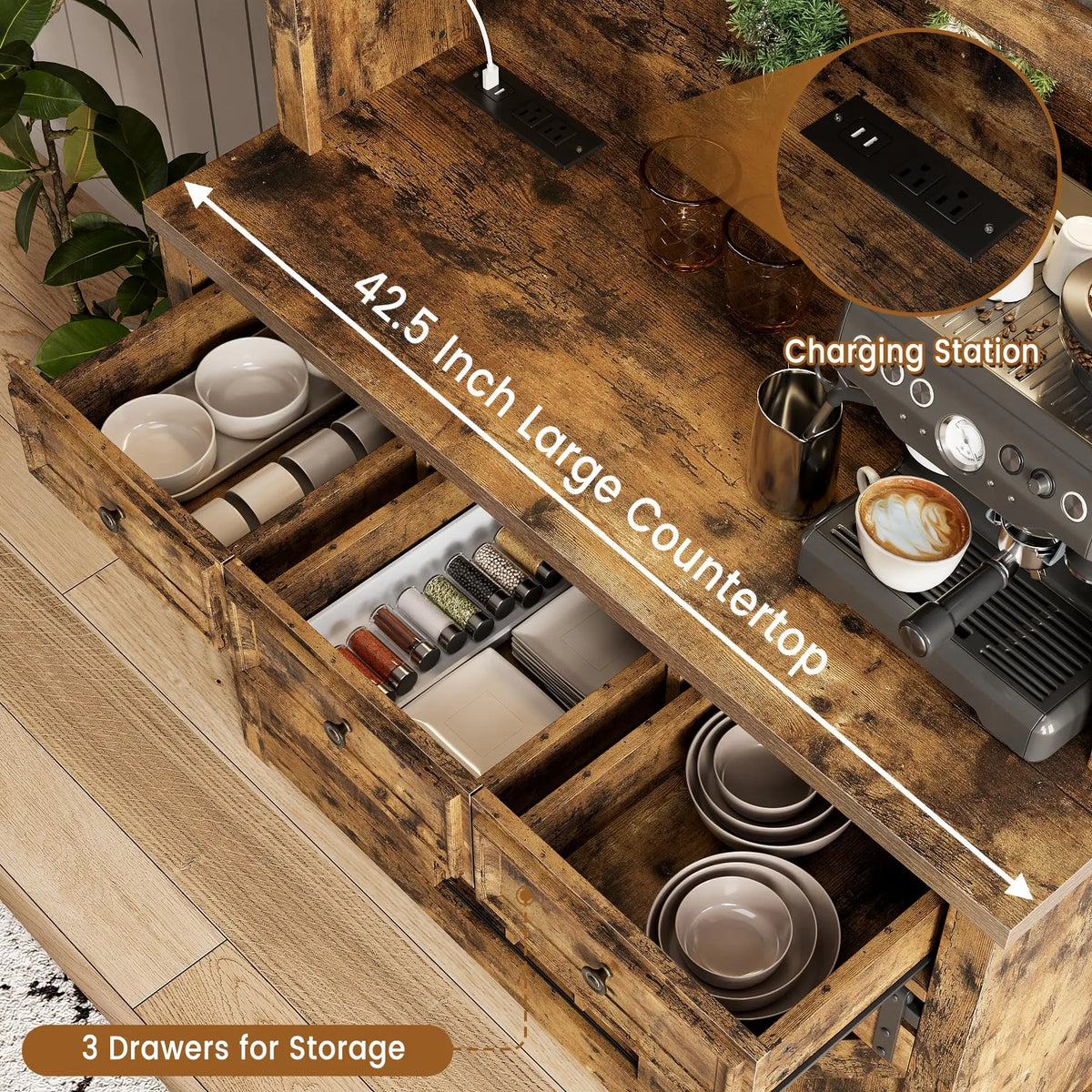 HiMISS Farmhouse Coffee Bar Cabinet With LED Lighting Wine Rack