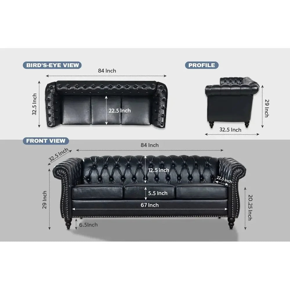 Chesterfield Leather Sofa for Living Room, Comfy DeepSeated 3Seater Sofa for Bedroom, Office, or Apartment. Luxury Classic Sofa