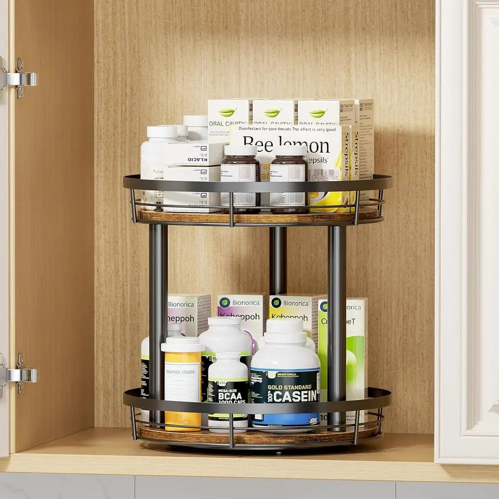 10 Wood Lazy Susan Spice Rack Organizer, 2 Tier Spice Organization, Countertop, Kitchen, Table Top, Pantry, Condiment and Season