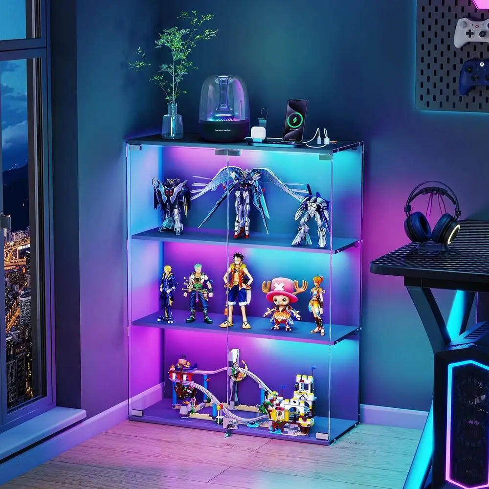 Illuminated 3-Tier Glass Display Cabinet with Lock, Sensor, and Charging Station for Collectibles in Black