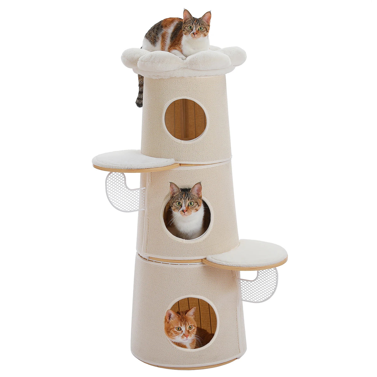 Modern Cat Tree with 3 Large Condos Aesthetic Cat Tower with Flower Perch Metal Frame Full-Wrap Scratching Pad Multi-Level Cat Bed House Wood Cat Furniture for Indoor Cats