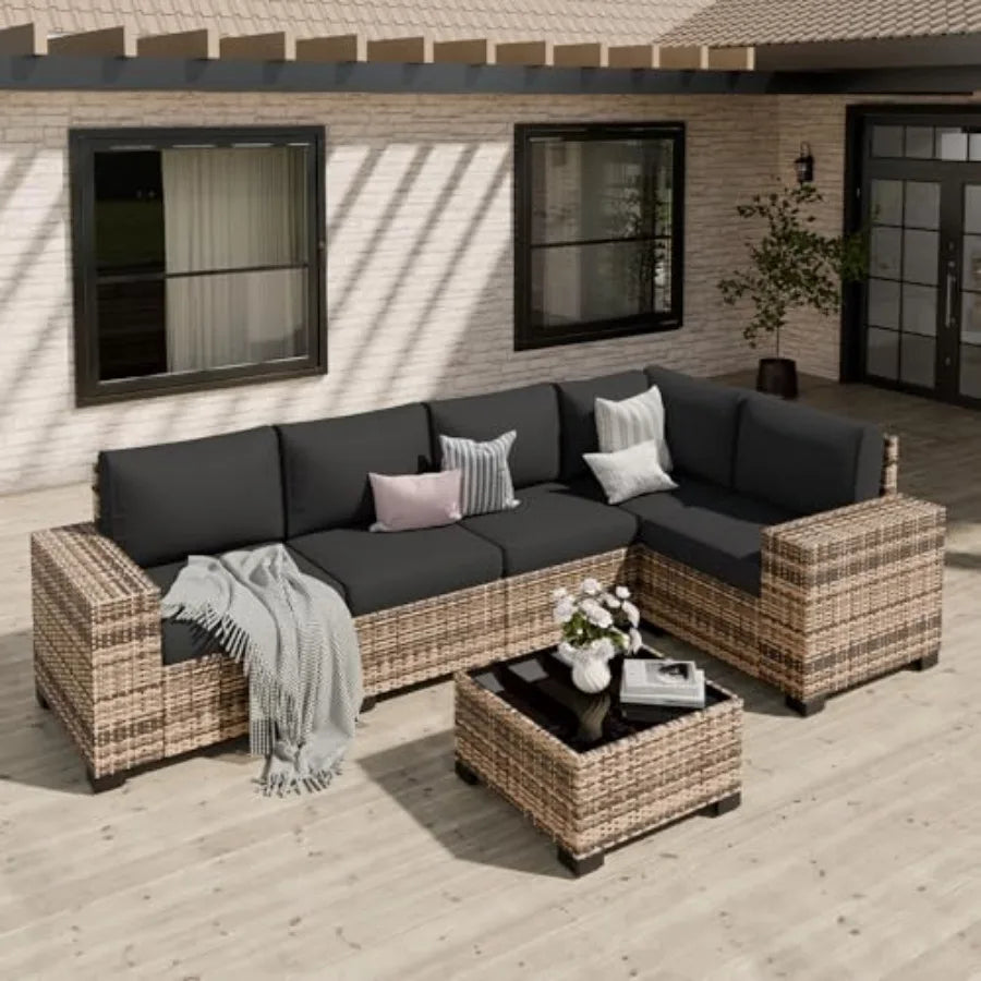 6 Piece Wicker Rattan Patio Sectional Sofa Set with Thick Cushions for Backyard Poolside Garden Wide Armrest Outdoor Furniture