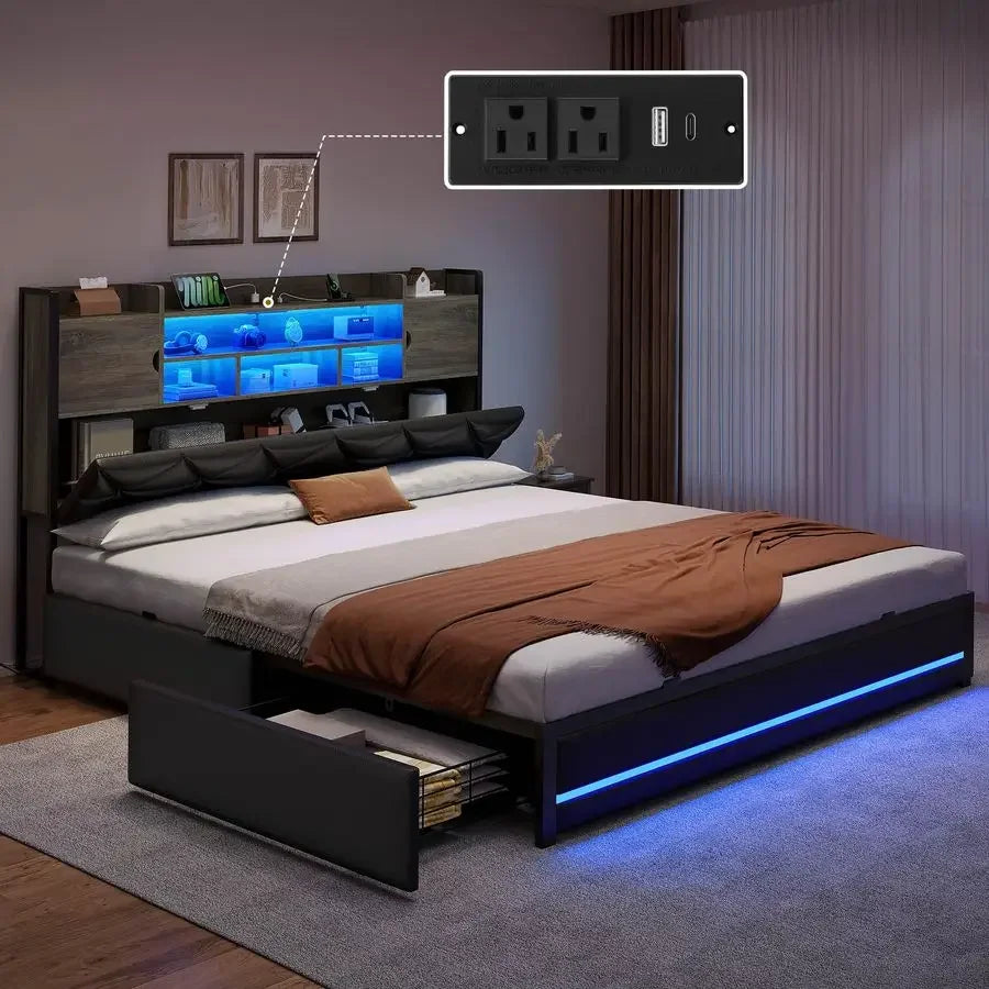 Queen Size Bed Frame with RGB LED Lights amp Storage Bookcase Headboard, Upholstered Bed with Charging Station and 4 Drawers, N