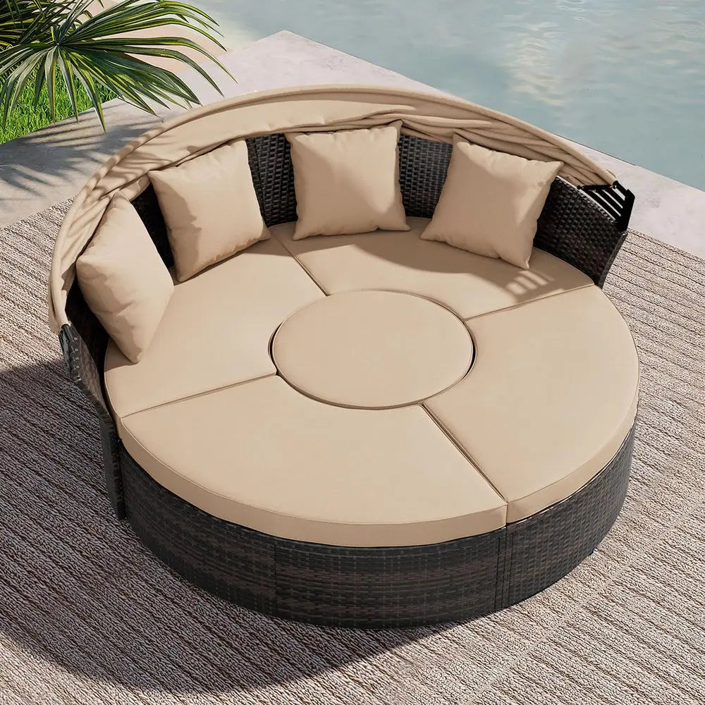 Round Patio Daybed with Retractable Canopy, Clamshell Wicker Sectional, Outdoor Wicker Furniture Daybed for Backyard, Poolside,