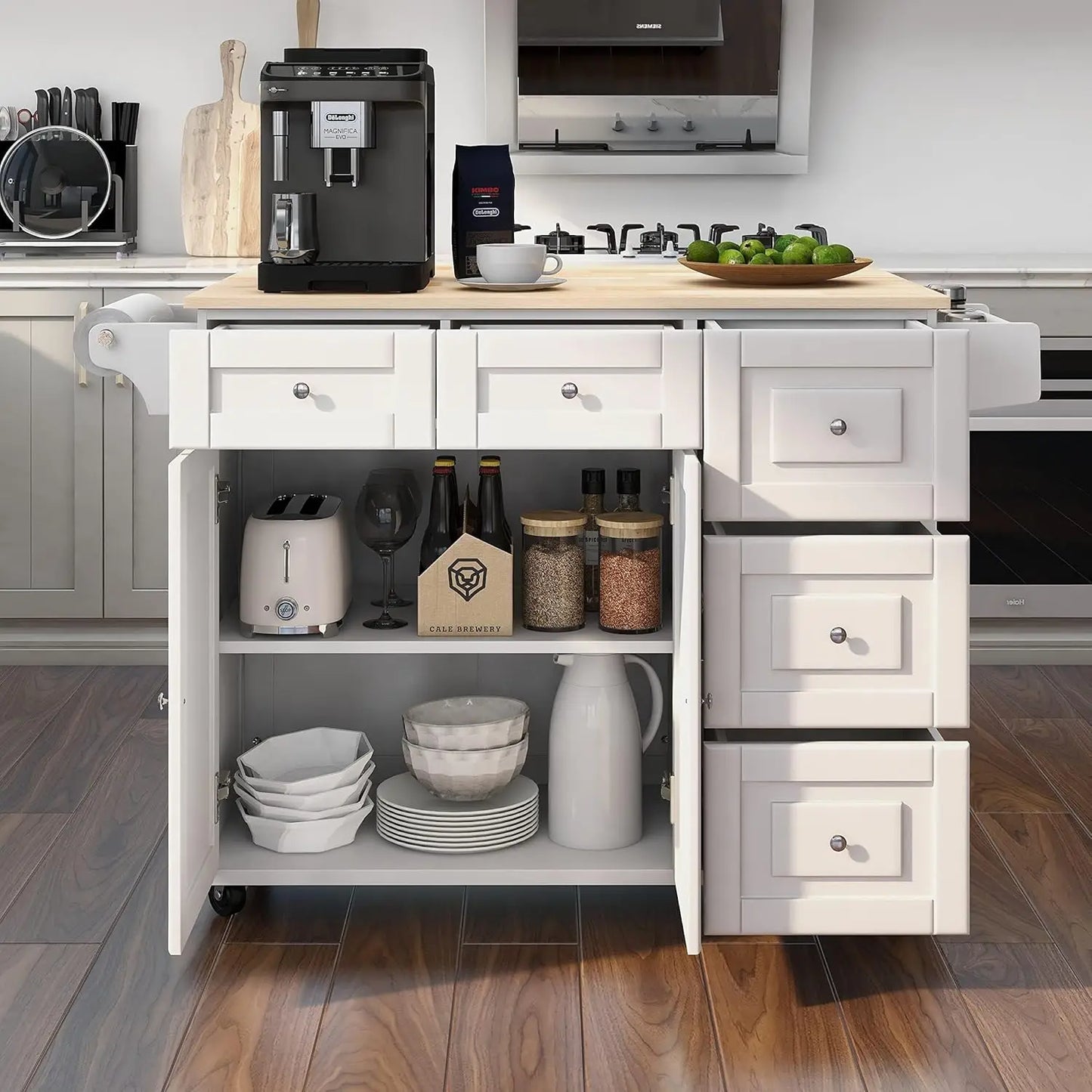 52" Mobile Kitchen Island with Drop Leaf, Rubberwood Top, Spice Rack, Adjustable Shelves, 5 Drawers, Rolling Cart, White, Custom