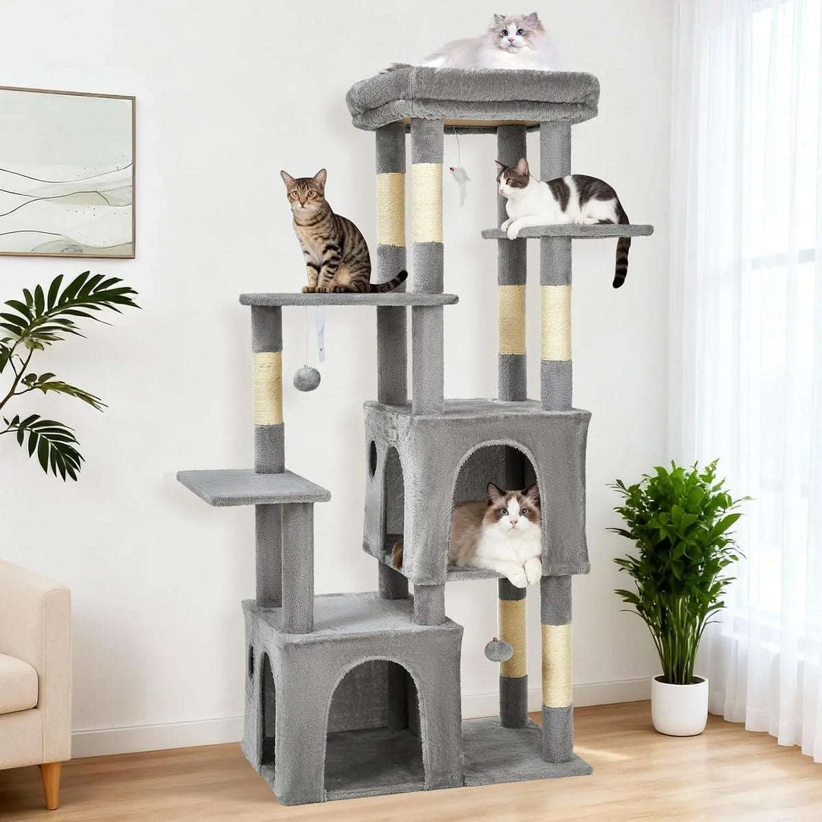 61 Inch Large Cat Tree Tower with 7 Scratching Posts 2 Cat Condos Top Perch Multi Level Cat Climbing Tree Furniture with Hanging Toys Anti Toppling Design for Indoor Cats Multi Cat Homes