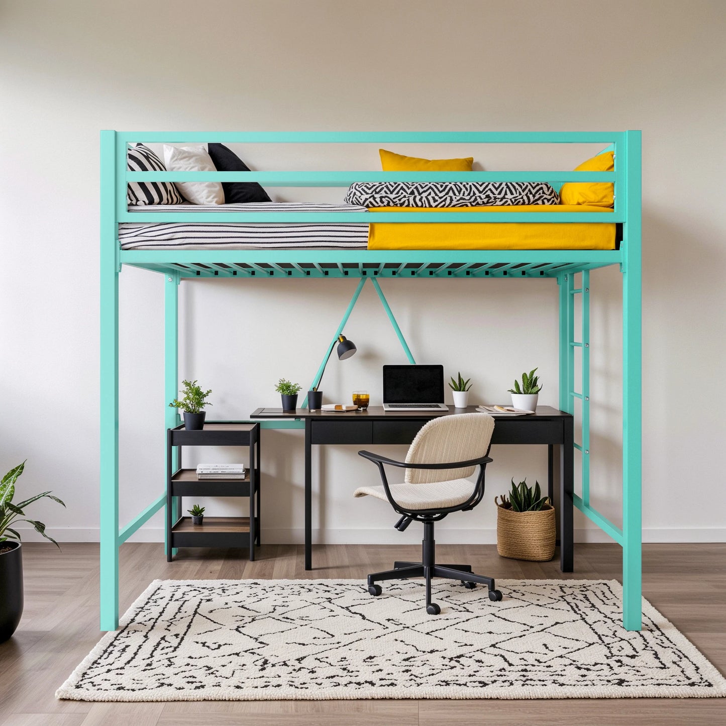 HOOMIC Metal Loft Bed Frame With Guardrail And Removable Ladder