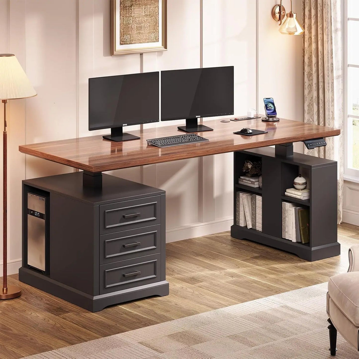 Farmhouse Electric Standing Desk, 63" Height Adjustable Computer Desk with 3 Drawers, Storage Shelves, Customized