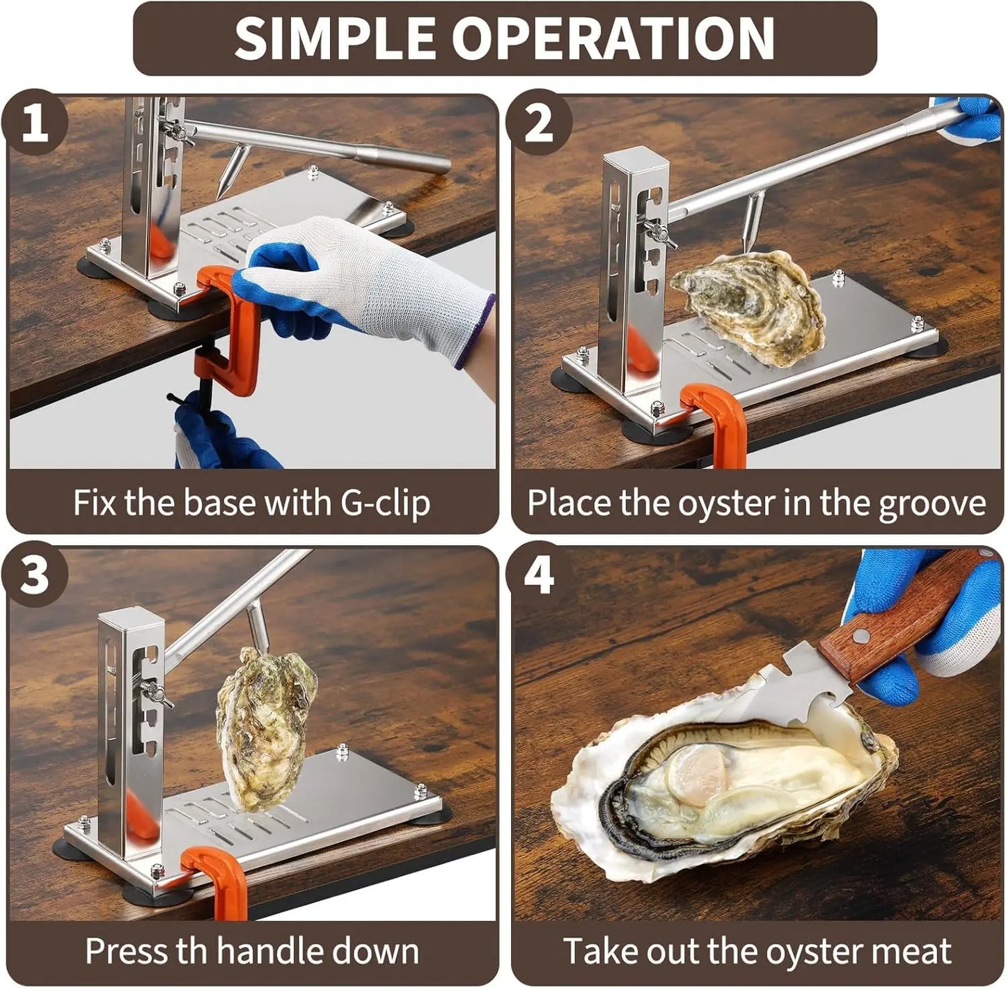 Adjustable Oyster & Clam Opening Tool Set, 4-Level Height Adjustment with Stainless Steel Base, Suction Cups, G-Clamp