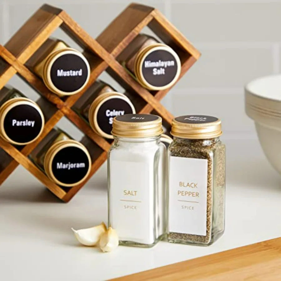 24-Pack Glass Spice Jars - 4 Oz Square Bottles & Gold Metal Caps - Refillable Shaker & Pour Lids, 284 Preprinted Stickers - Seas