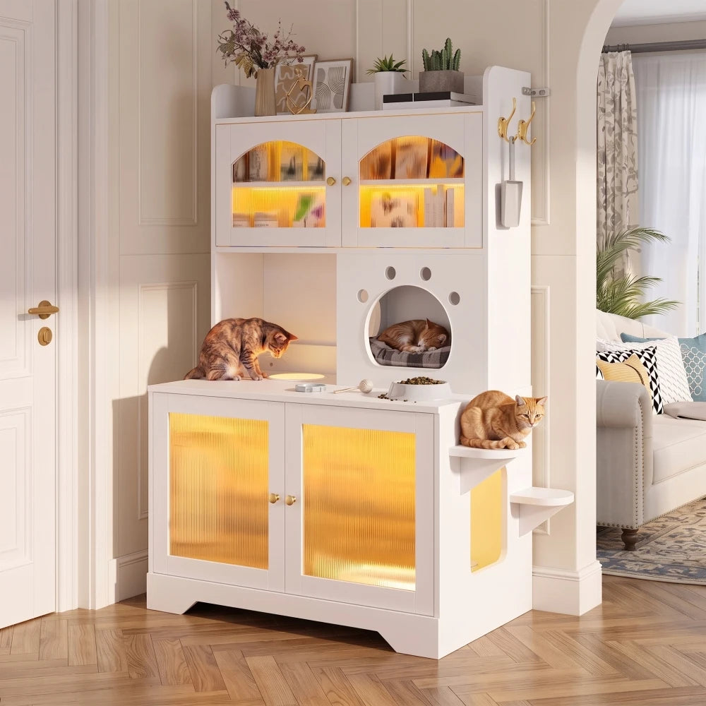 3-Tier Cat Litter Box Enclosure with Storage Cabinet, Hidden Cat Washroom Furniture with Fluted Glass Doors & Climbing Platforms