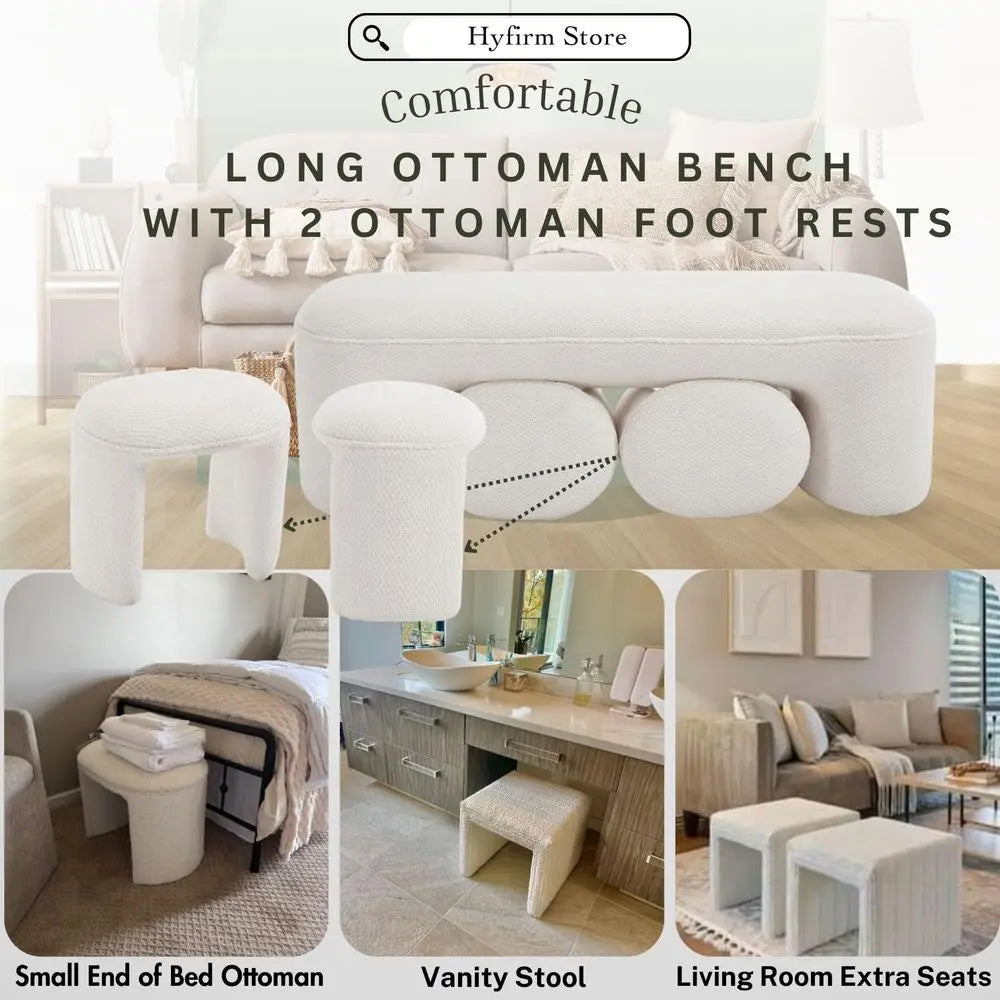 3Piece Nesting Upholstered Bench with 2 Stools, 53 Chenille Accent Waterfall Bench Modern End of Bed Entryway Bench Bedroom Ben