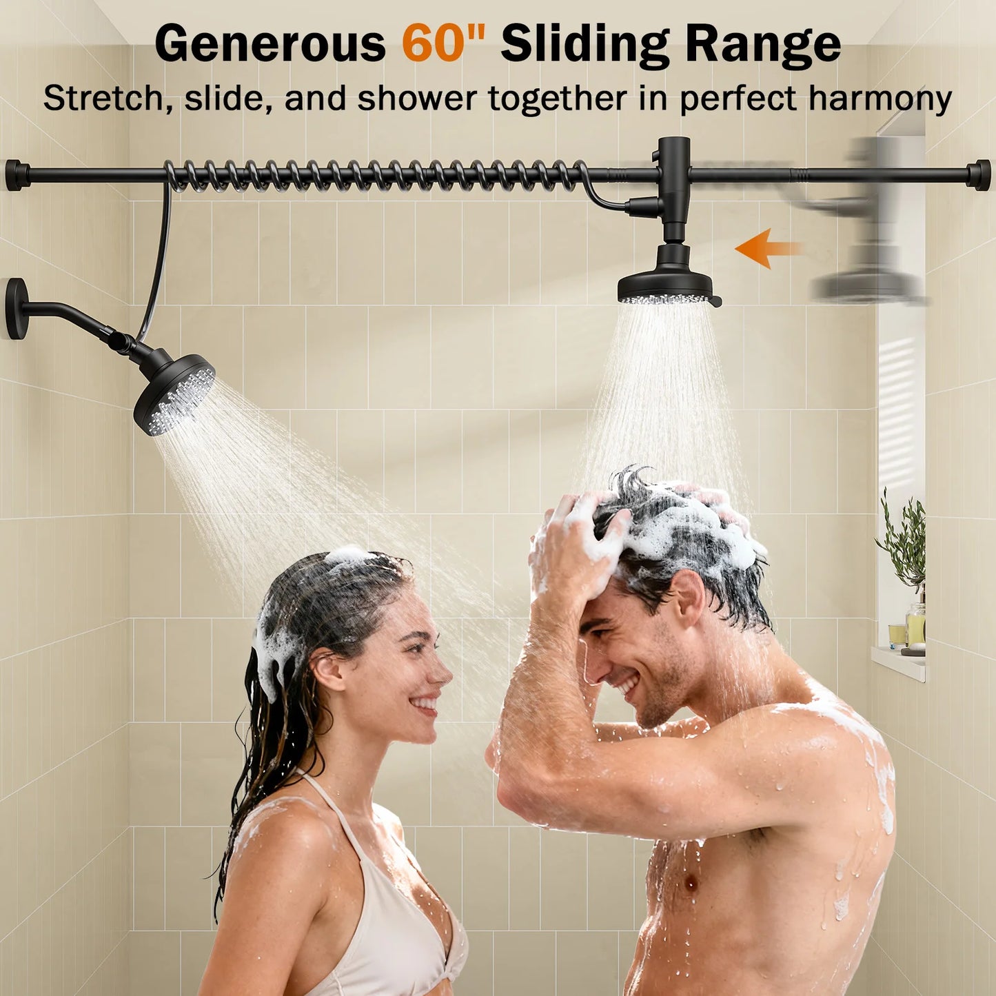Tandem Dual Shower Head Adjustable Slider High Pressure Stainless Steel Wall Mounted
