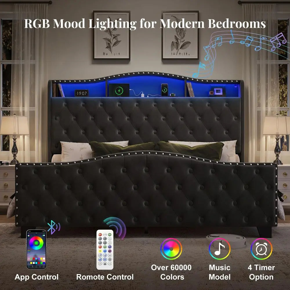 King Size Bed Frame and Headboard, 50.9 Velvet Upholstered Wingback Bedframe with LED Lights amp Storage Charging Station, Butt
