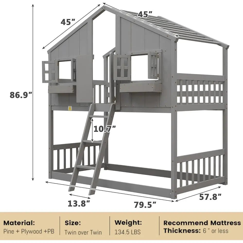 Twin Over Twin Bunk Bed with Playhouse, Ladder, Guardrails, Grey