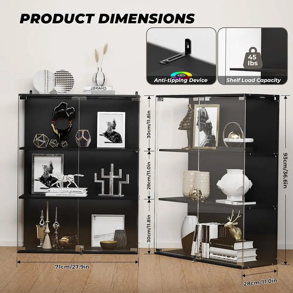 Illuminated 3-Tier Glass Display Cabinet with Lock, Sensor, and Charging Station for Collectibles in Black