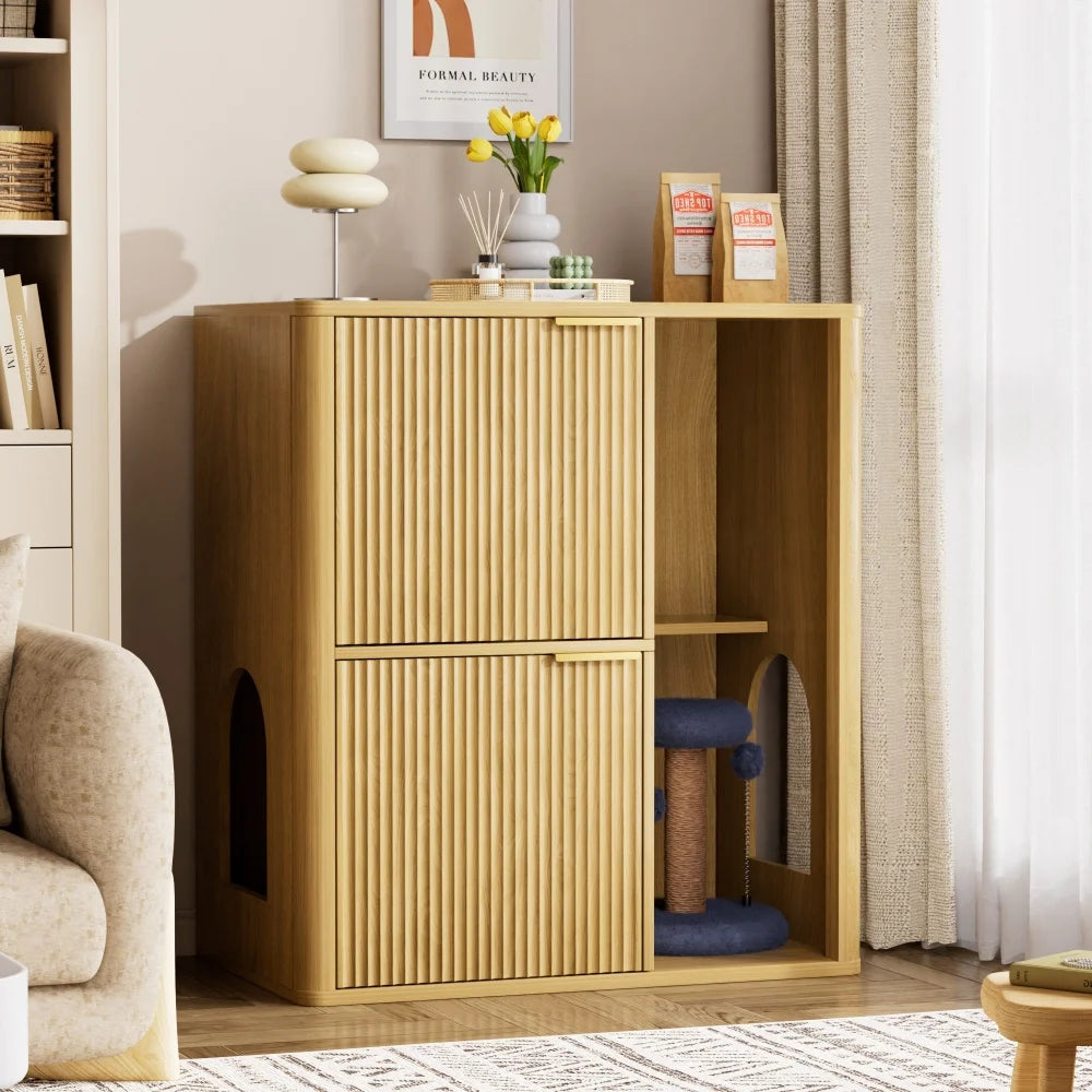 Walnut Cat Litter Cabinet Cat Tree - Grooved Concealed Litter Featuring Dual Cat Doors and Storage Shelves,Versatile Pet Cabinet
