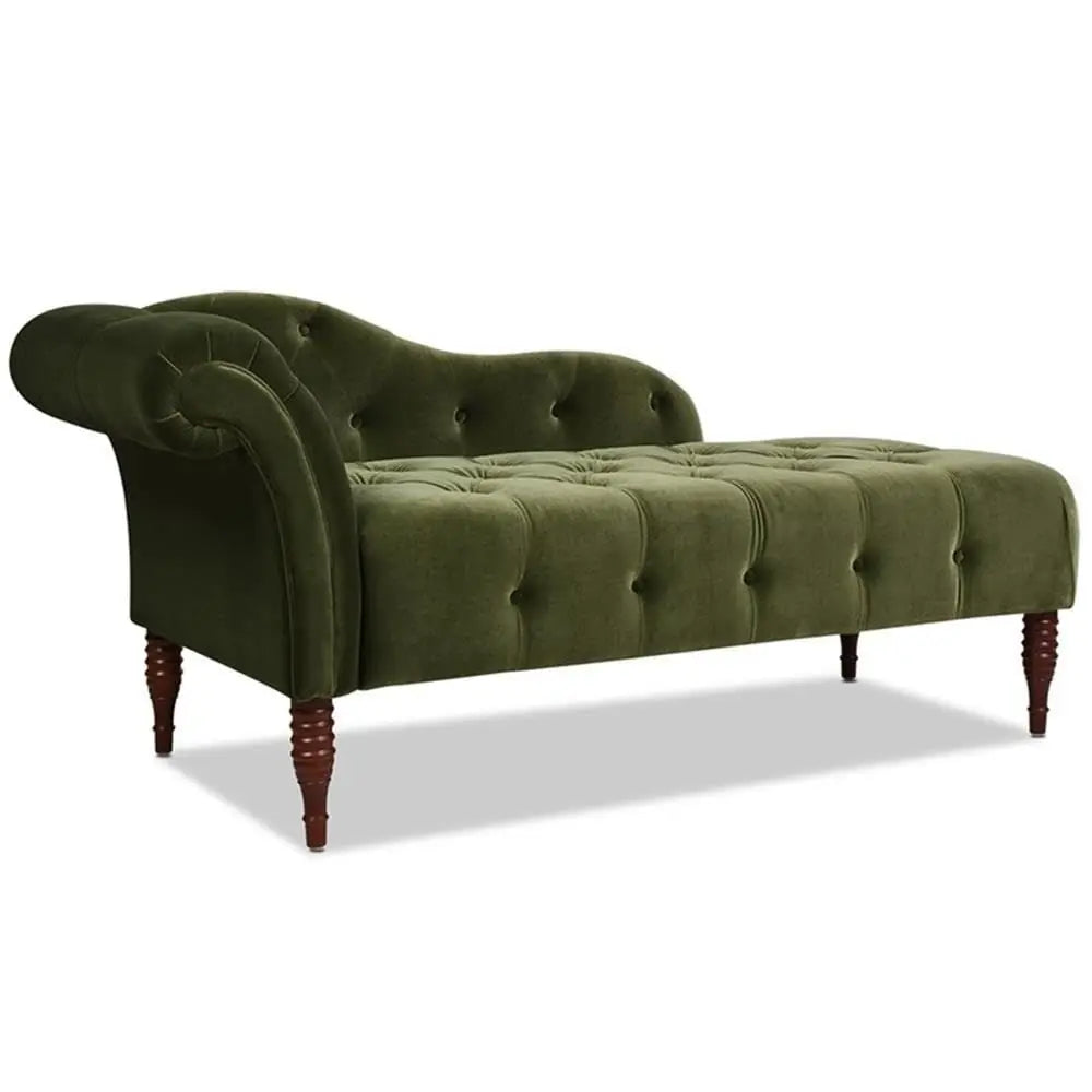 Row Tufted Roll Arm Chaise Lounge, Olive Green Velvet Upholstery, 66 L x 29 W x 30 H, KilnDried Birch Wood Frame, Medium Firm S