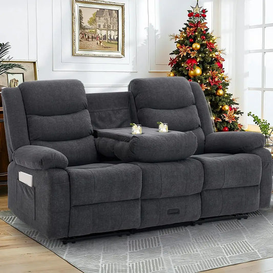Recliner Sofa, Reclining Loveseat with Console, Oversized Reclining Couch with Drop Down Table, 3Seater Sofa with Cup Holder an