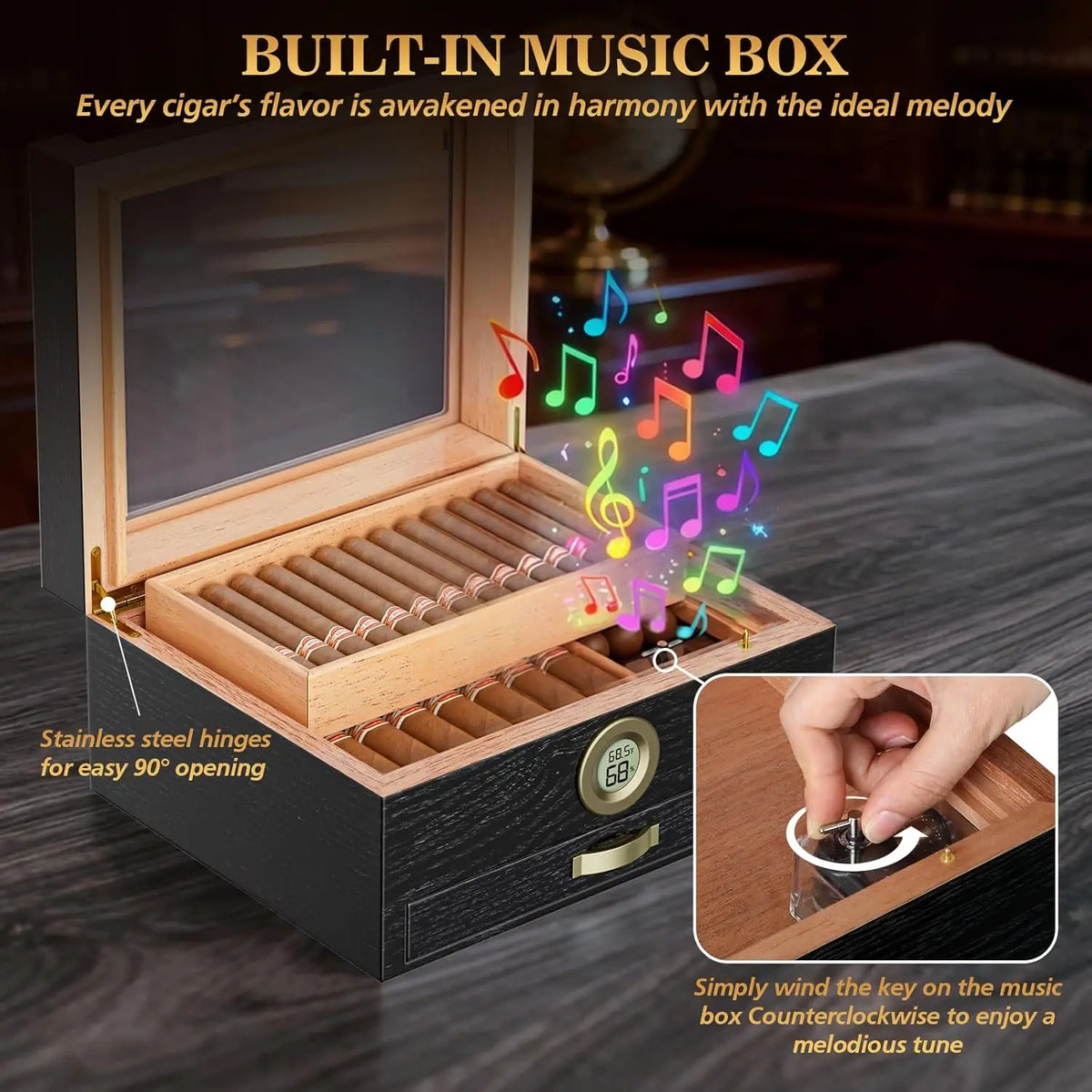 Cigar Humidor With Music Box, Cedar Tray And Digital Hygrometer