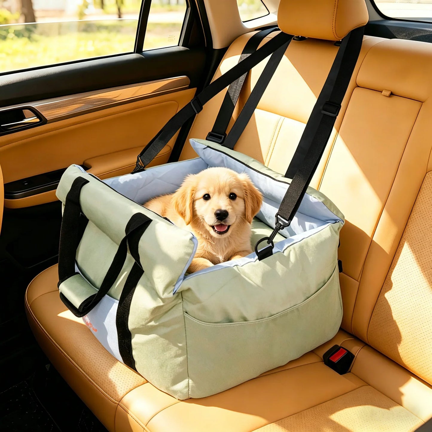 Soft Pet Car Travel Carrier Bed With Safety Belt And Storage Pocket For Small Dogs