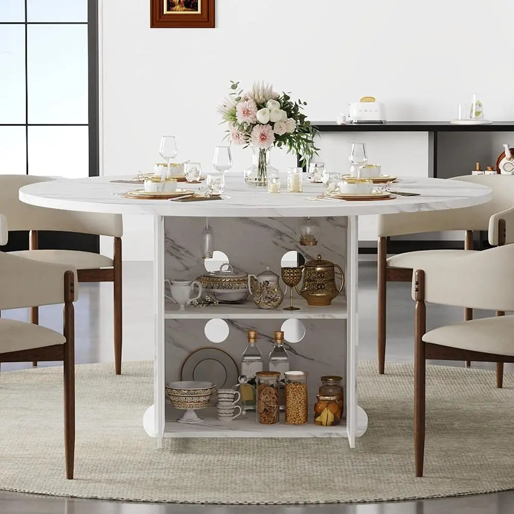 Modern Round Dining Table With Storage And Metal Frame