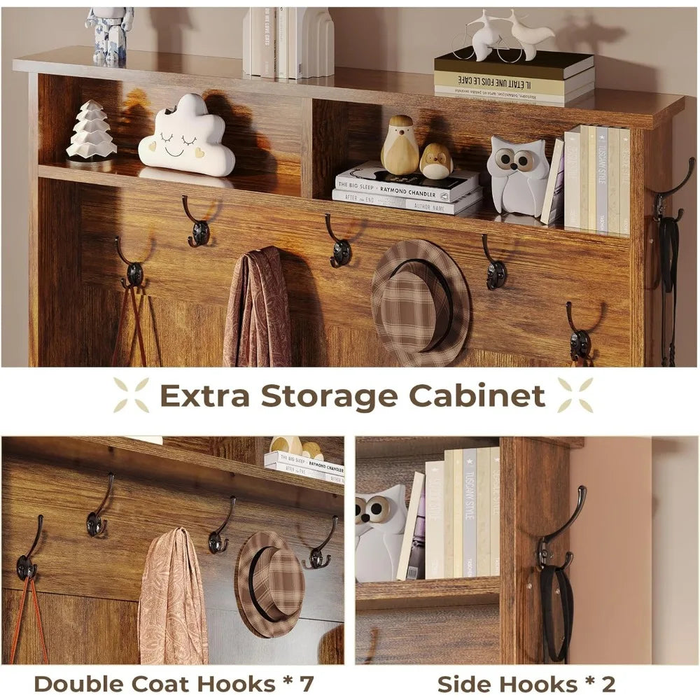 Bench and Shoe Storage, 5-in-1 Entryway Bench with Coat Rack, 10 Shoe Cubbies & 9 Coat Hooks, Barn Door & A