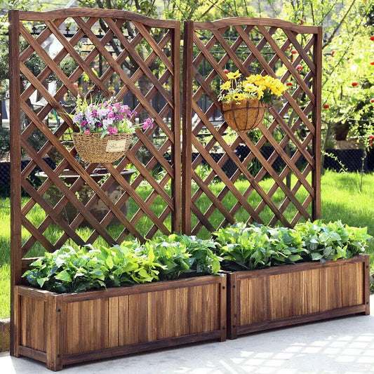 Raised Garden Bed, Wooden Planter Box with Trellis, Vegetable Grow Bed, Support Patio Lattice