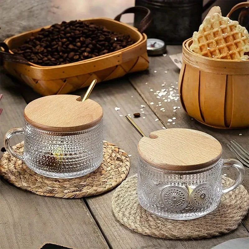 4-Piece Glass Cup Set With Wooden Lids For Coffee Lovers