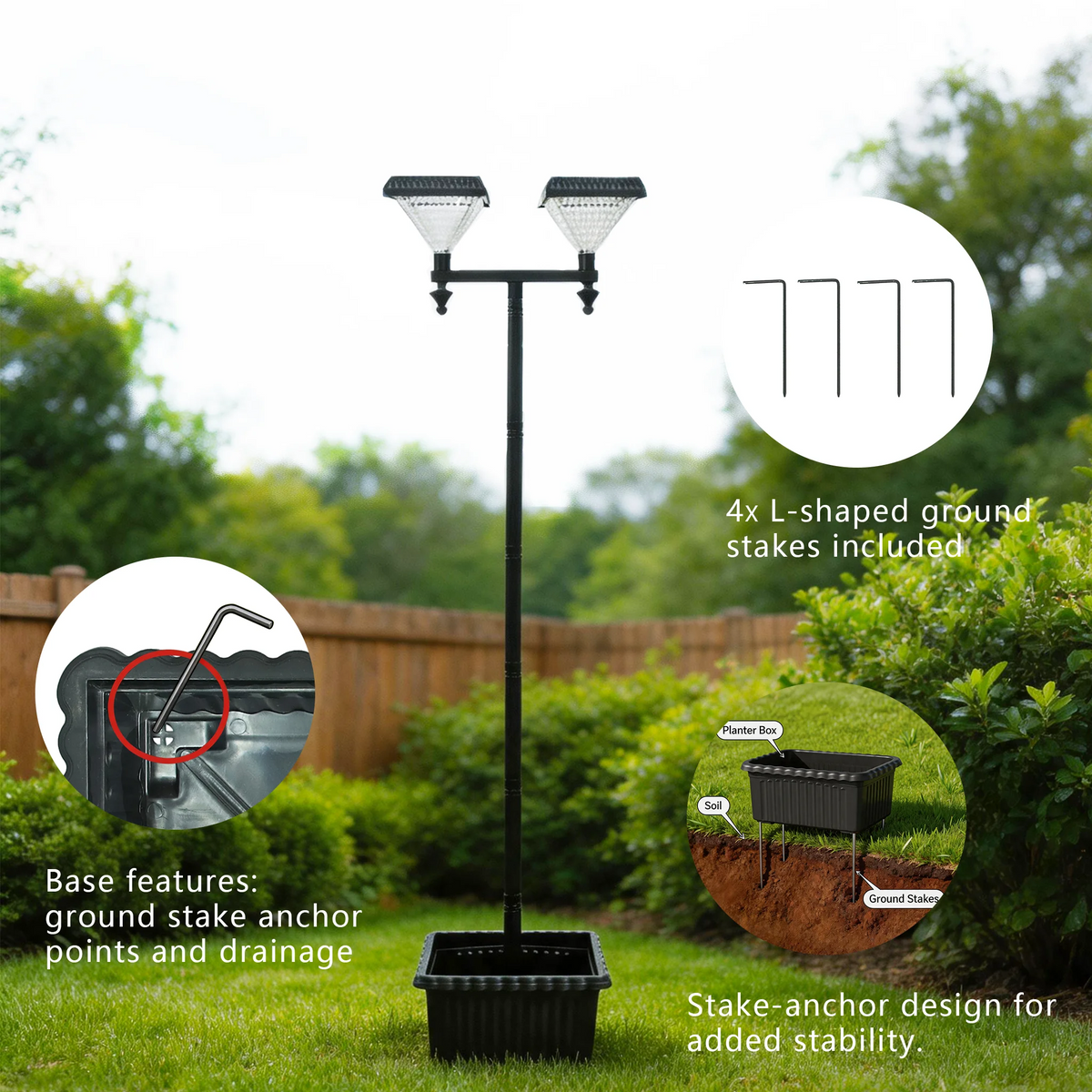 Solar Street Lights Outdoor Double Head Solar Lamp Post with Planter Base 6 Adjustable Heights IP44 Waterproof LED Landscape Lighting Dusk to Dawn Auto On Off with Ground Stakes for Garden Yard Patio Pathway