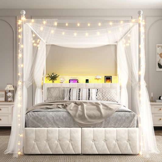 EnHomee Canopy Bed Frame With Charging Station And LED Lights