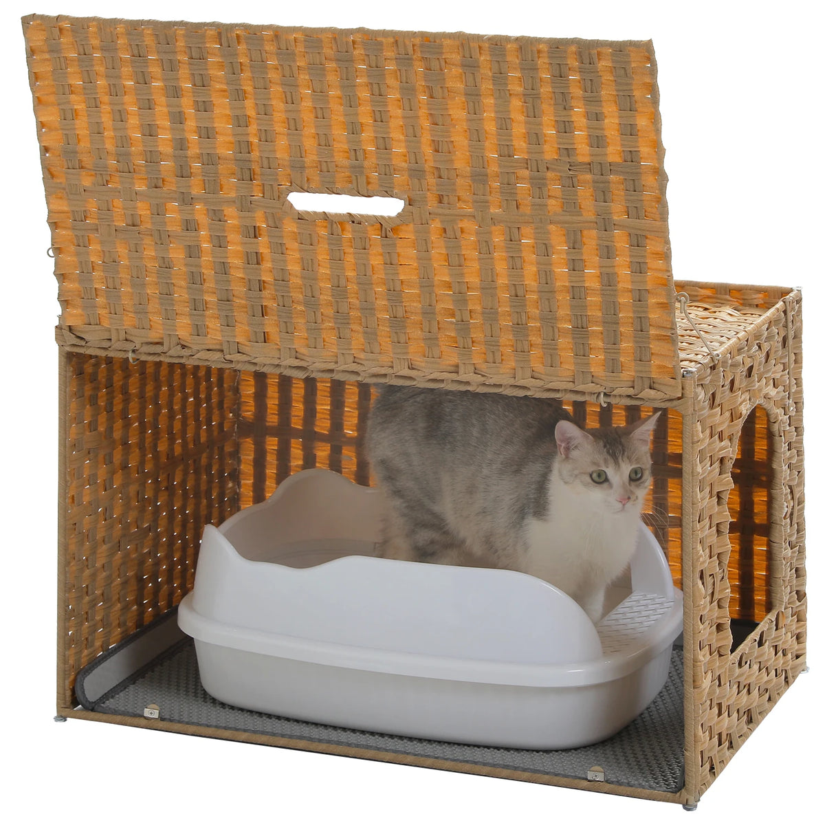 PEQULTI Rattan Cat Litter Box Enclosure With Flip Up Design