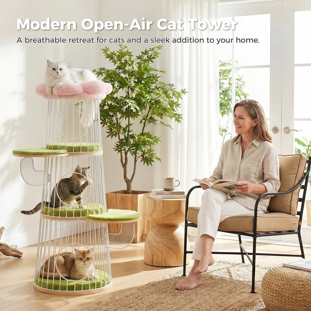 Modern Cat Tree with 3 Large Condos Aesthetic Cat Tower with Flower Perch Metal Frame Full-Wrap Scratching Pad Multi-Level Cat Bed House Wood Cat Furniture for Indoor Cats