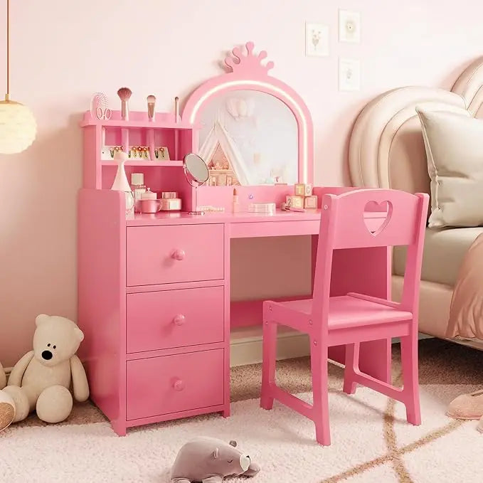 HiMISS Kids Vanity Set With Lights Princess Desk And Chair