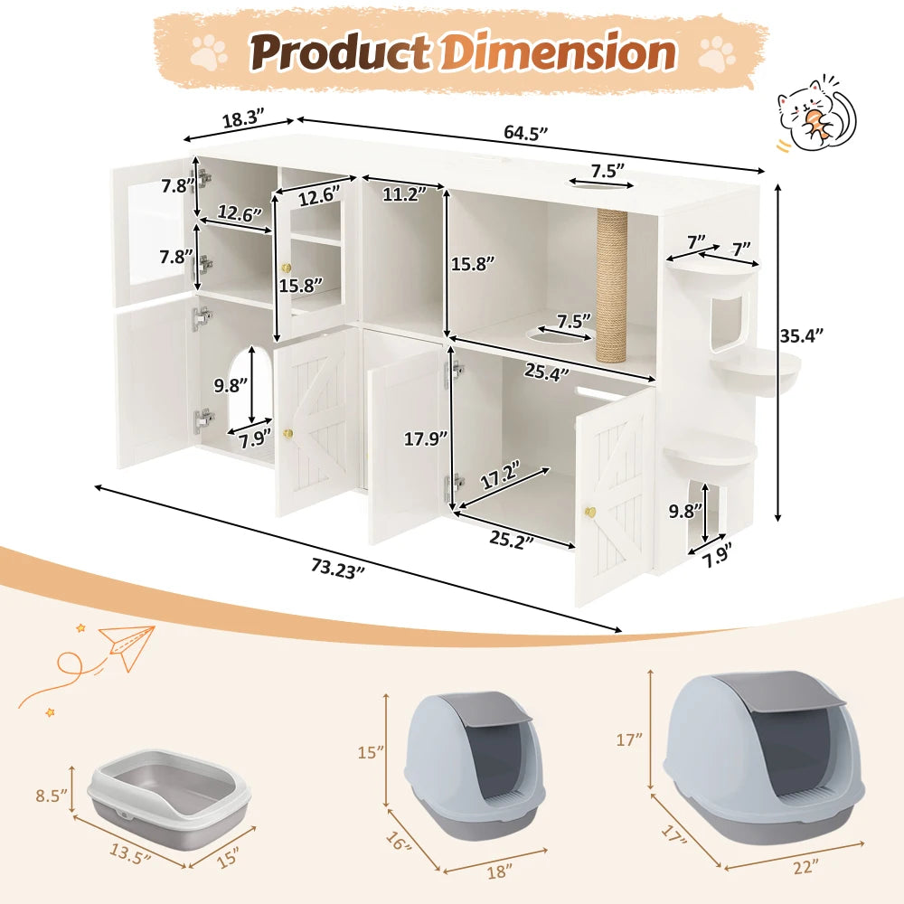 Farmhouse Cat Litter Box Enclosure Hidden Cat Washroom Built-in Scratching Post & LED Lights, Cat House with Storage Cabinets