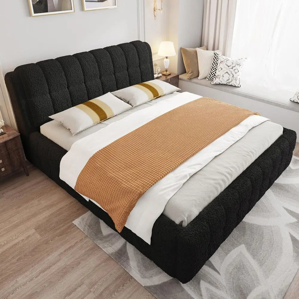 California King Upholstered Bed Frame, Fleece Fabric Floor Platform Bed with Thick Headboard for Modern Bedrooms, Cali King Uph