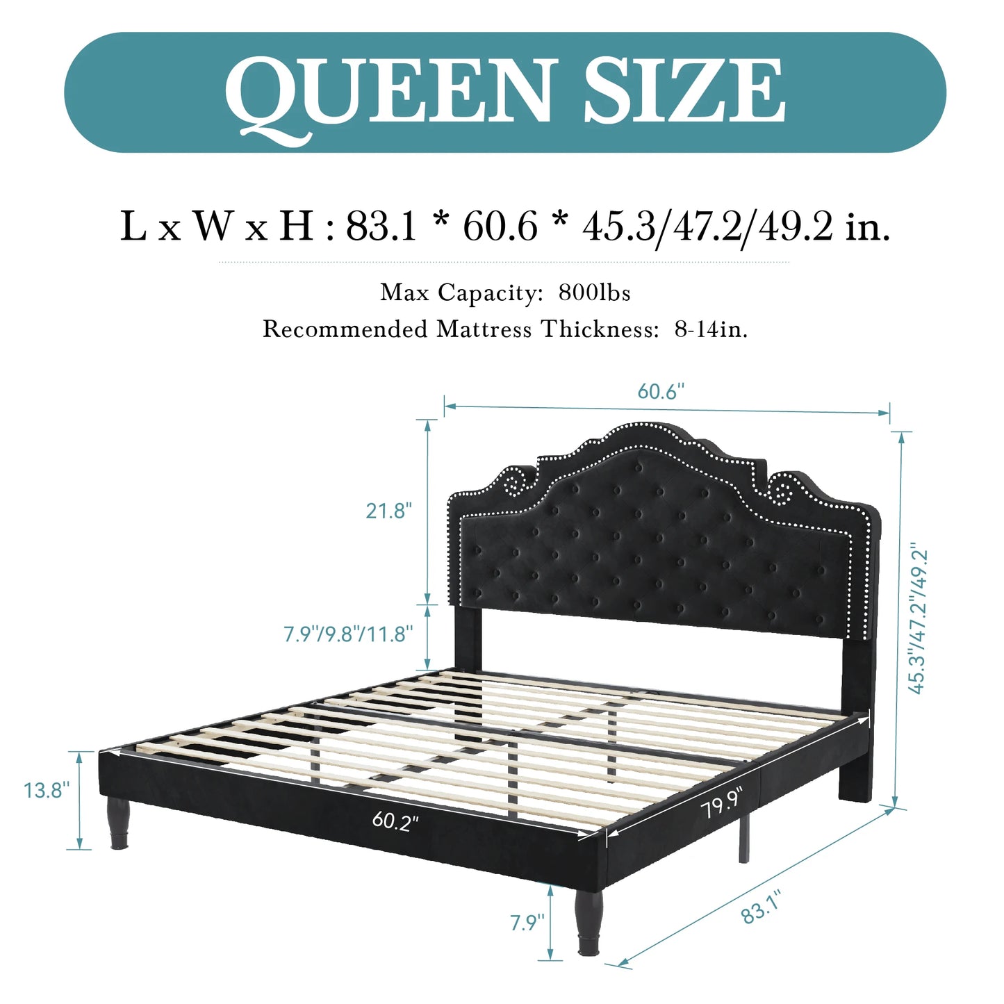 Hoomic Velvet Upholstered Bed With Diamond Tufted Adjustable Headboard