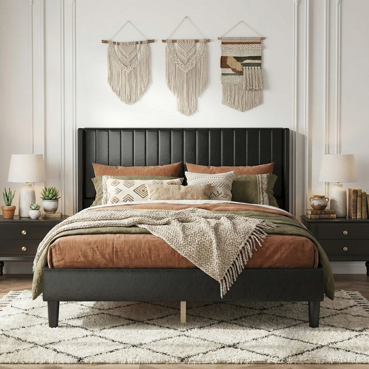 MCQ Wooden Bed Frame with PU Leather Wingback Headboard No Box Spring Needed with Sturdy Wooden Slats Support Upholstered Mattress Foundation For Home Bedroom