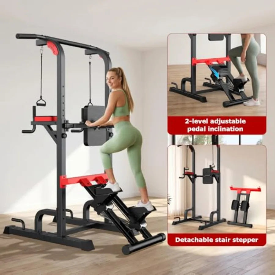 Home gym power tower dip station with H-frame, steel construction, black finish, adjustable height, multi-grip handles, backres